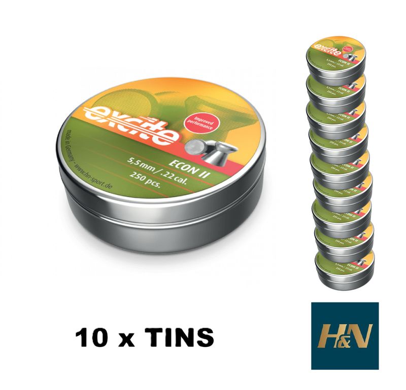 H&N Excite ECON II Airgun Pellets .22 cal 5.5mm 10 x Tins 2500pcs H&N Excite ECON II Airgun Pellets .22 cal 5.5mm 10 x Tins 2500pcs