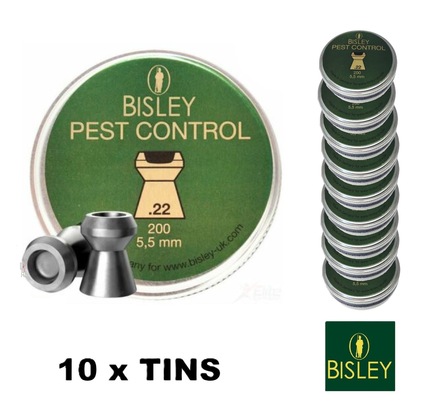 Bisley Pest Control .22 Airgun Pellets - 18.21 grains x 10 Tins 2000 pcs Bisley Pest Control .22 Airgun Pellets - 18.21 grains x 10 Tins 2000 pcs