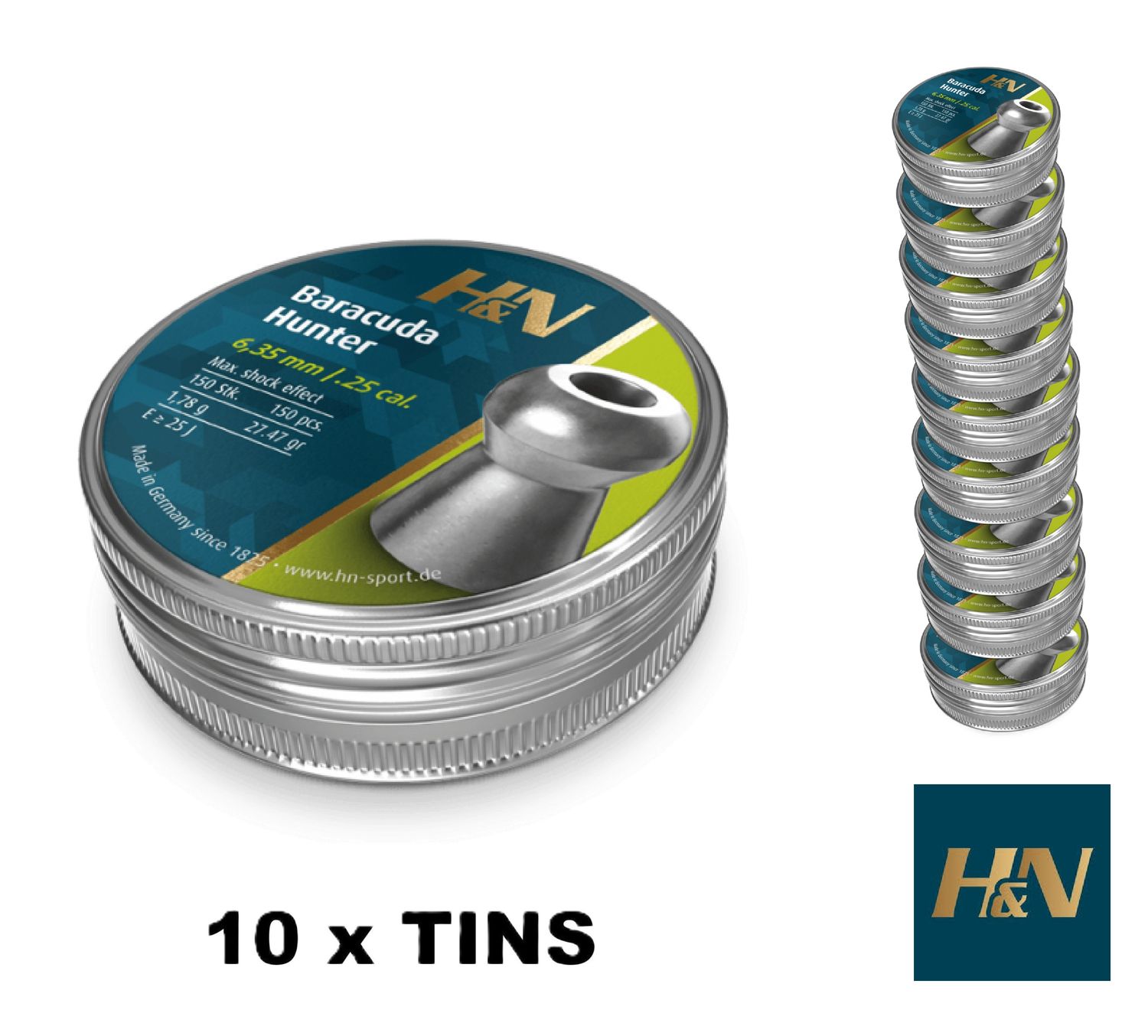 H&N Baracuda Hunter Airgun Pellets .25 cal 6.35mm 10 x Tins x 1500 pcs H&N Baracuda Hunter Airgun Pellets .25 cal 6.35mm 10 x Tins x 1500 pcs
