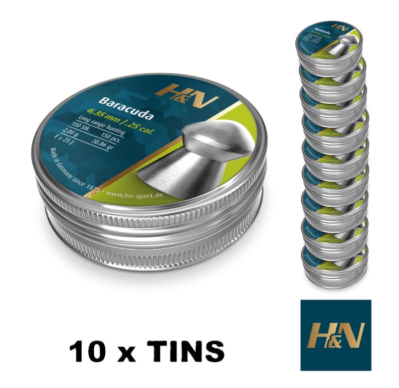 H&N Baracuda Airgun Pellets .25 cal 6.35mm 10 x Tins x 1500 pcs H&N Baracuda Airgun Pellets .25 cal 6.35mm 10 x Tins x 1500 pcs