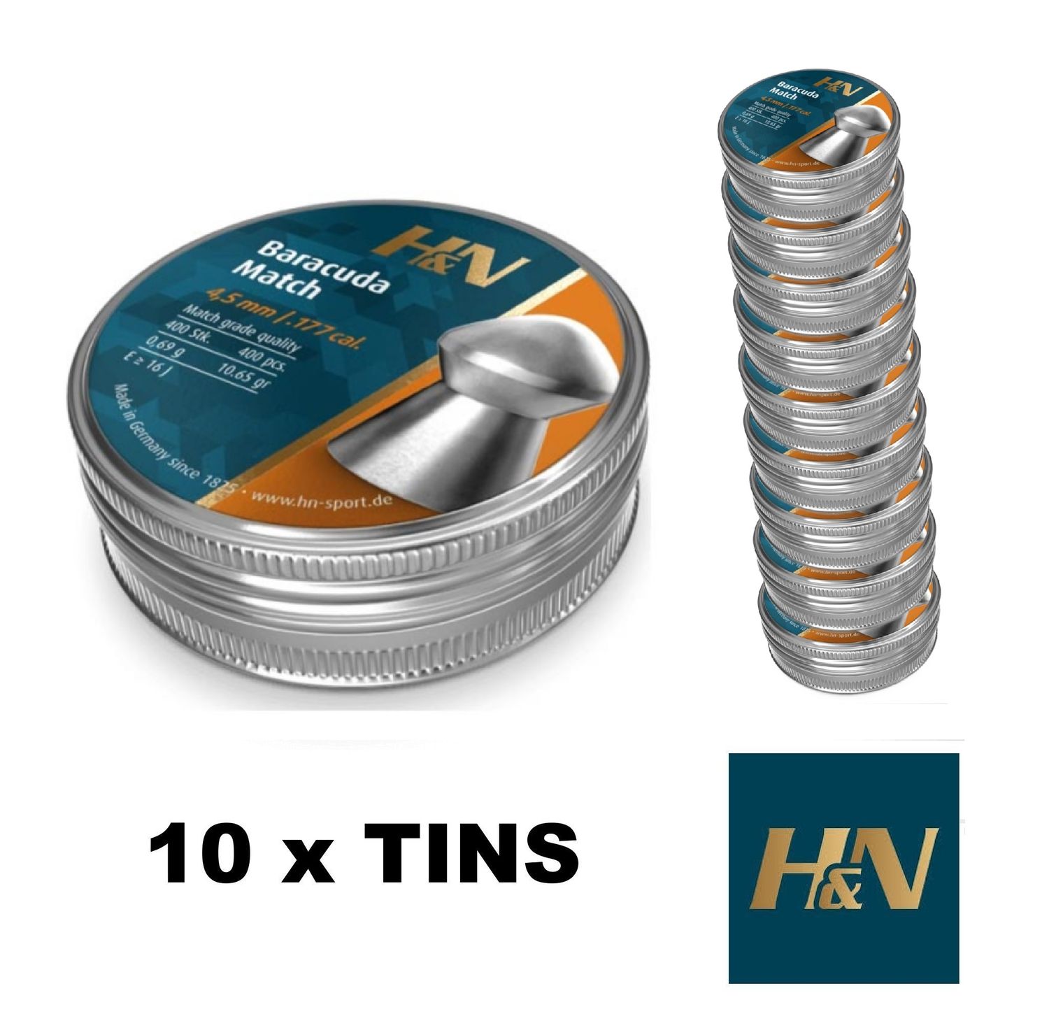 H&amp;N Baracuda Match Airgun Pellets 4.52 - .177 cal  10 x Tins 4000 pcs