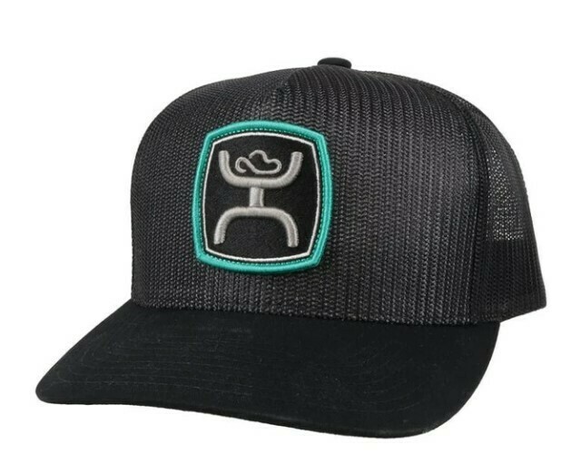 2124T BK Zeneith Black 5 Panel Trucker with Grey Turquoise Patch OSFA