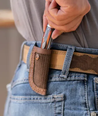 HKS002 BR Hooey Classic Roughout Brown Rough Out Basket Weave Leather Knife Sheath with Brown Oil Tanned Leather Double Welt Edge and Hooey 2.0 Logo Copper Rivet