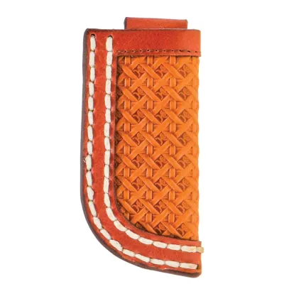 HKS001 TNBR  Hooey Hands Up Basket Weave  Basket Weave Embossed Leather Knife Sheath with Brown Oil Tanned Leather Double Welt Edge and Ivory Accent Stitching