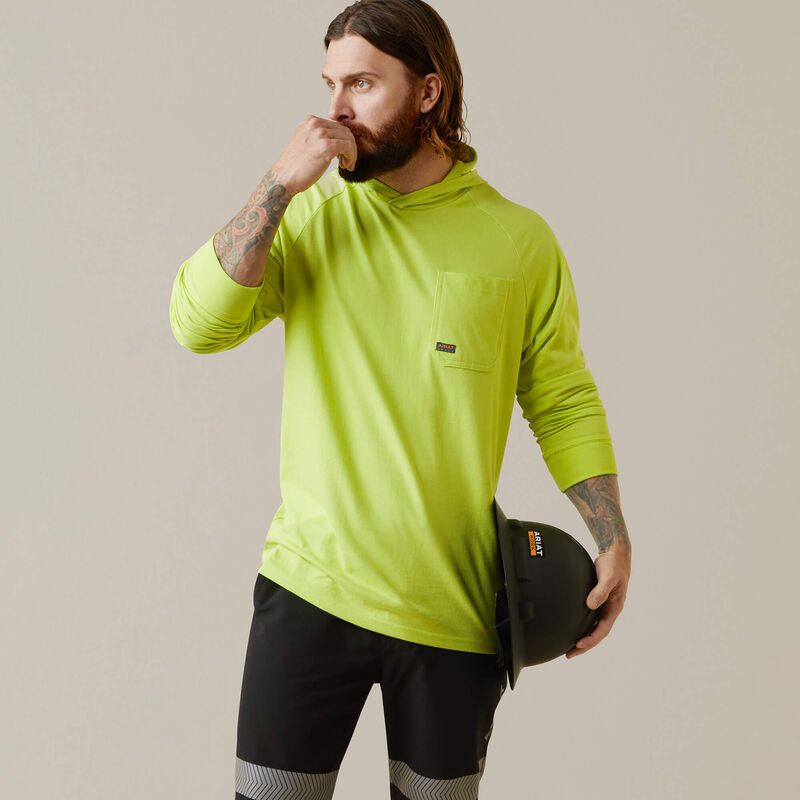 10043824 ARIAT MNS REBAR CTST HOODED LS TEE BRT YL