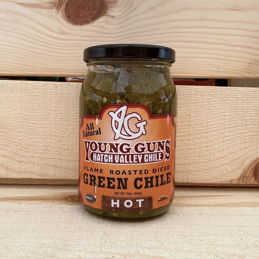 Young Guns Flame Roasted Diced Hatch Green Chiles, HOT, 16 oz.