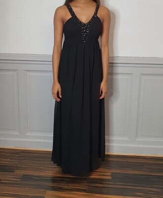 Robe longue noir plissée décolleté strass Robe longue noir plissée décolleté strass