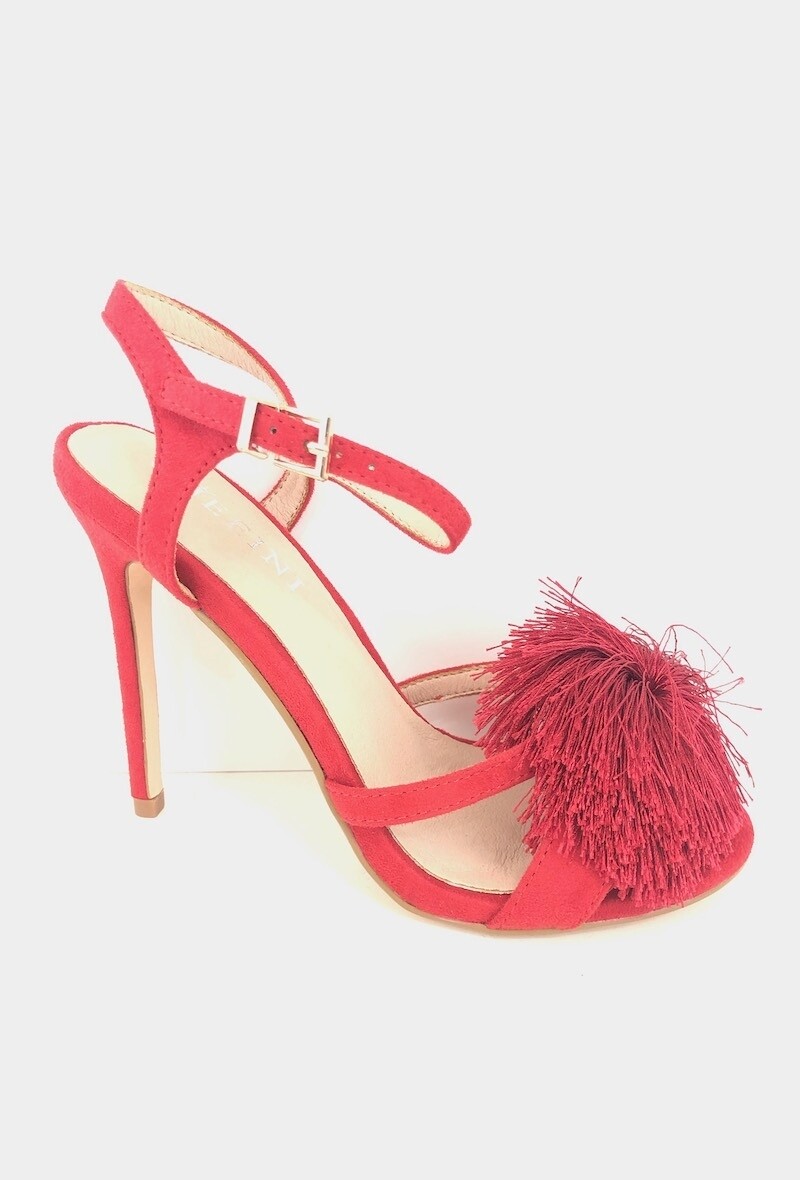 escarpins ouvert rouge bride a la cheville pompon