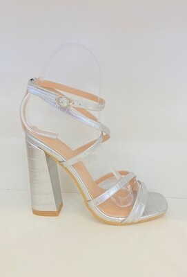 escarpins gros talons argenté bout carré bride croisé