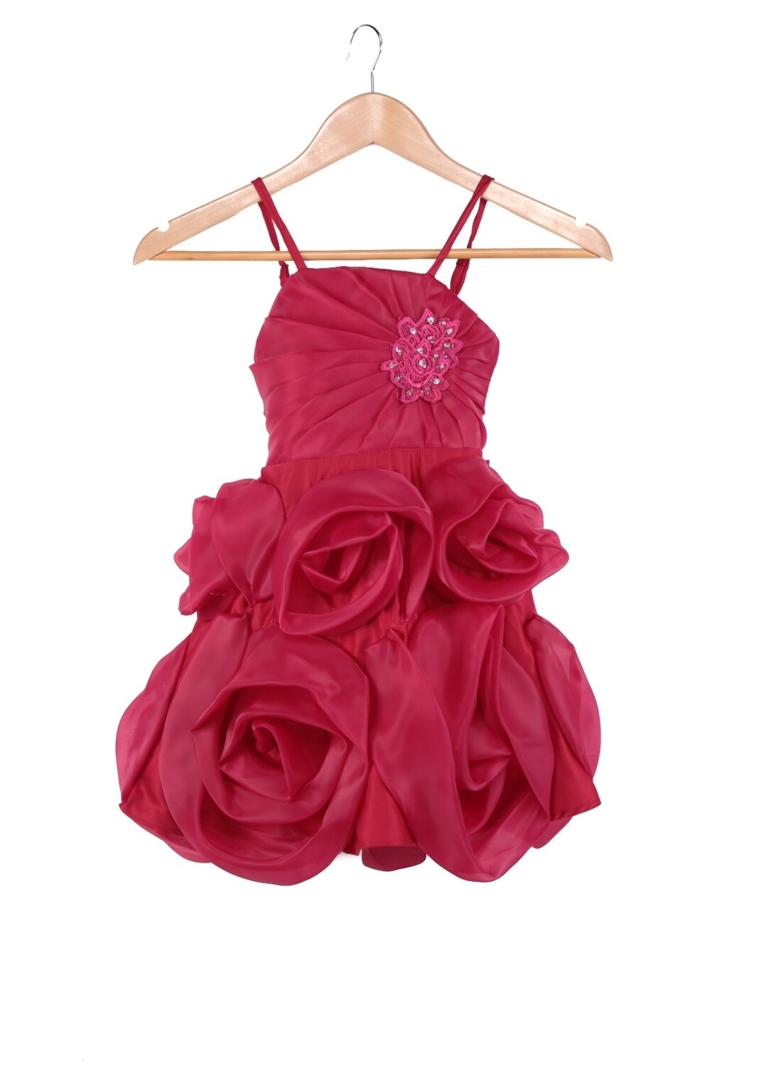 robe ceremonie fille satiné fleur 3D rose foncé