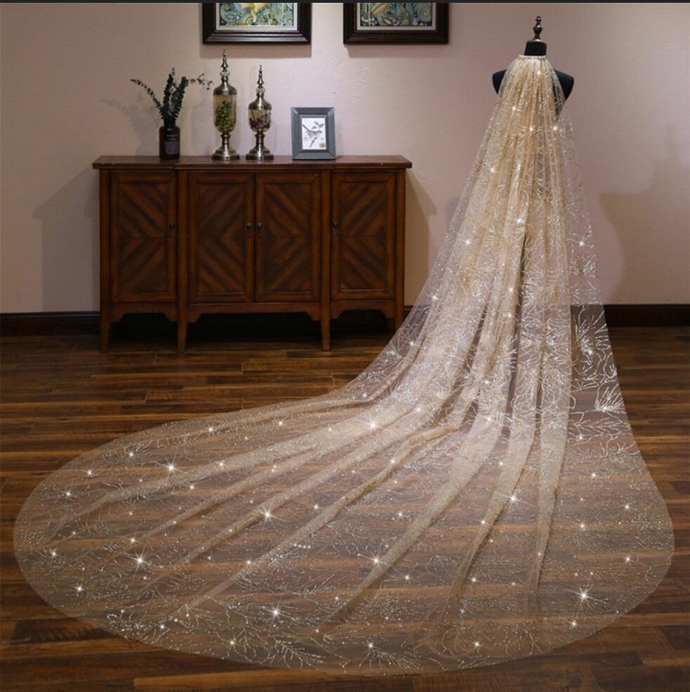 voile long mariage mariee paillete or 300cm