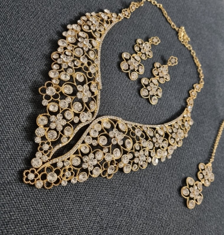 parure mariage doré 3 pieces collier boucles d'oreilles bijou de front parure mariage doré 3 pieces collier boucles d'oreilles bijou de front