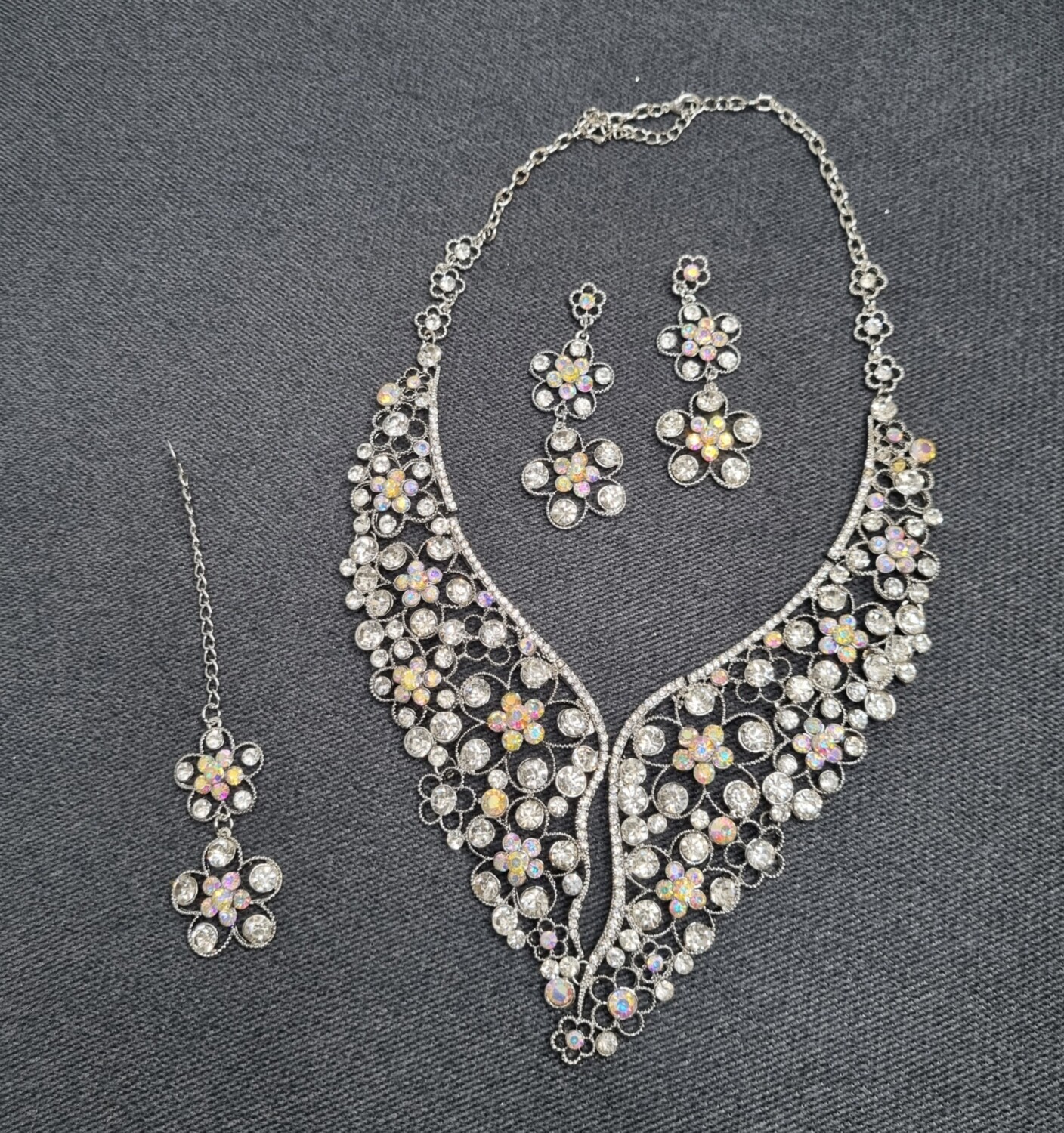 parure mariage argenté 3 pièces collier boucles d'oreilles bijou de front