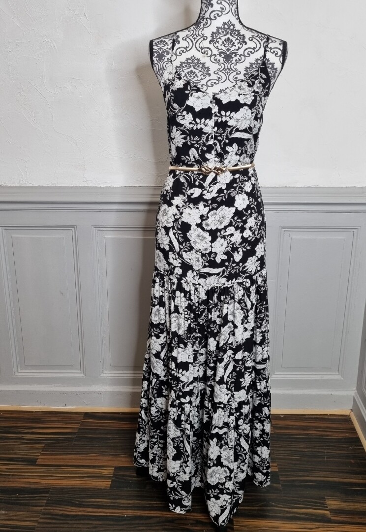 robe été longue évasé noir motif floral blanc