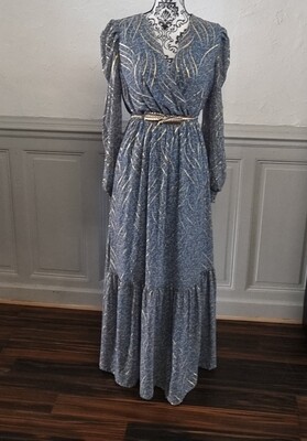 robe longue d'été ou cérémonie fluide bleu fleuri et or