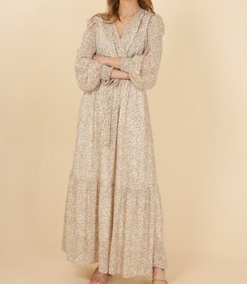 robe longue d'été ou cérémonie fluide beige fleuri et or