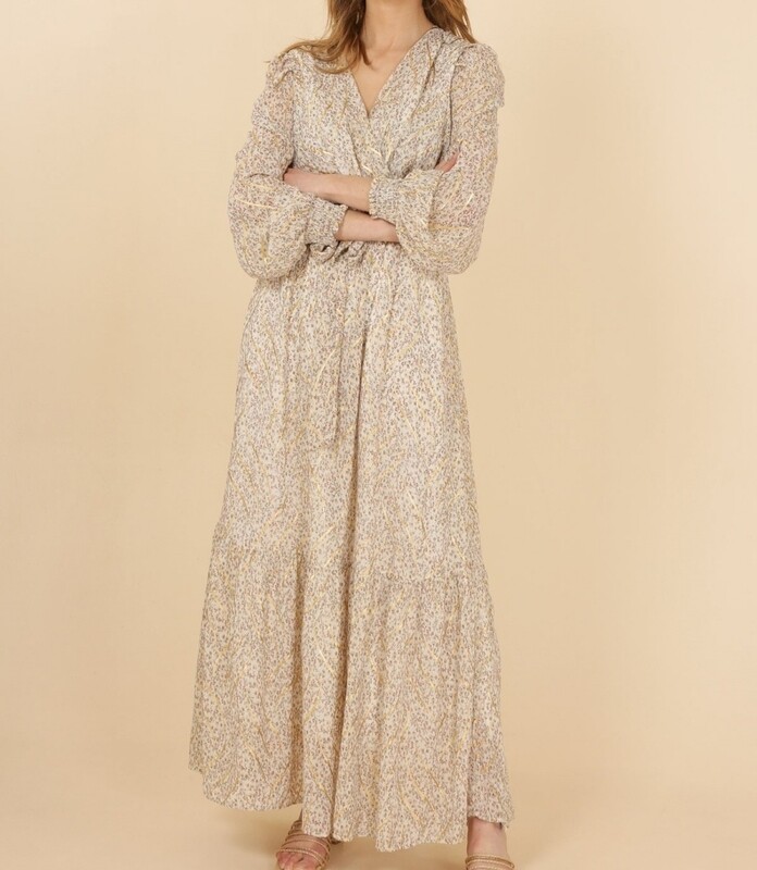 robe longue d'été ou cérémonie fluide beige fleuri et or