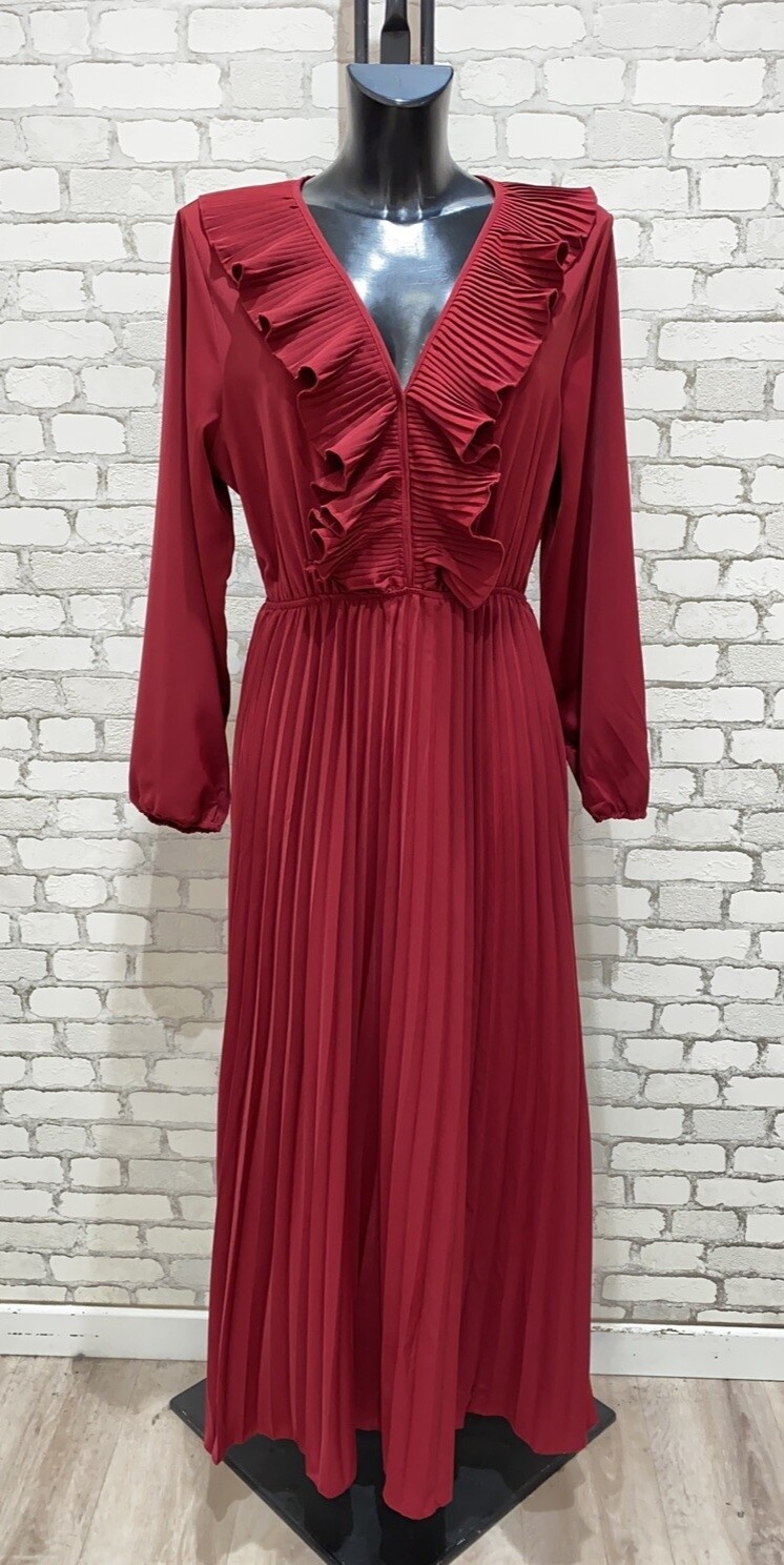 Robe longue d'été ou cérémonie bordeaux manche longue bas plissé et décolleté froufrou