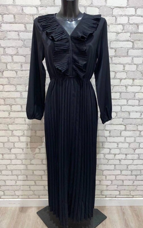 Robe longue d'été ou cérémonie camel manche longue bas plissé et décolleté froufrou