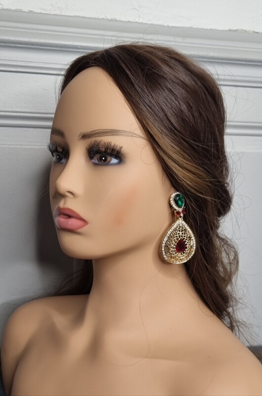 boucles d'oreilles oriental doré pierre verte et rouge