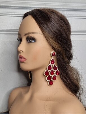 boucles d'oreilles pendante mariage doré et pierre rouge