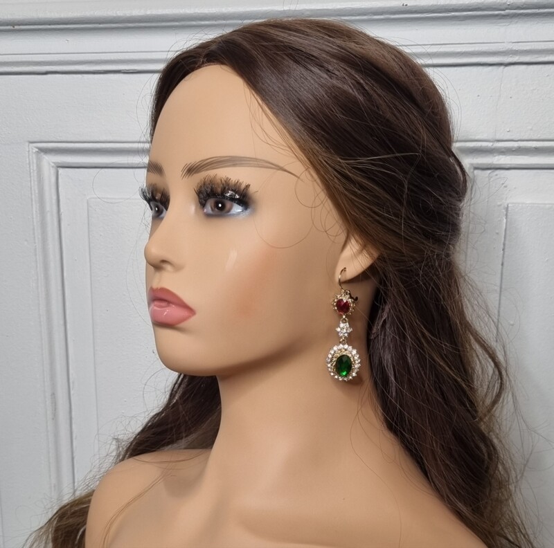 boucles d'oreilles pendantes mariage doré pierre rouge et vert