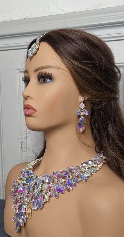 parure mariage argenté 3 pieces collier bijoux de front boucles d'oreilles