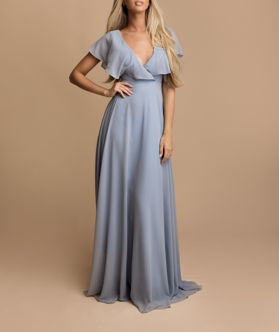 robe cérémonie longue bleu givré manche papillon