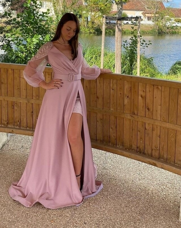 robe soirée courte dentelle pailletée surjupe satiné vieux rose