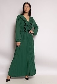 Robe longue d'été ou cérémonie vert sapin manche longue bas plissé et décolleté froufrou