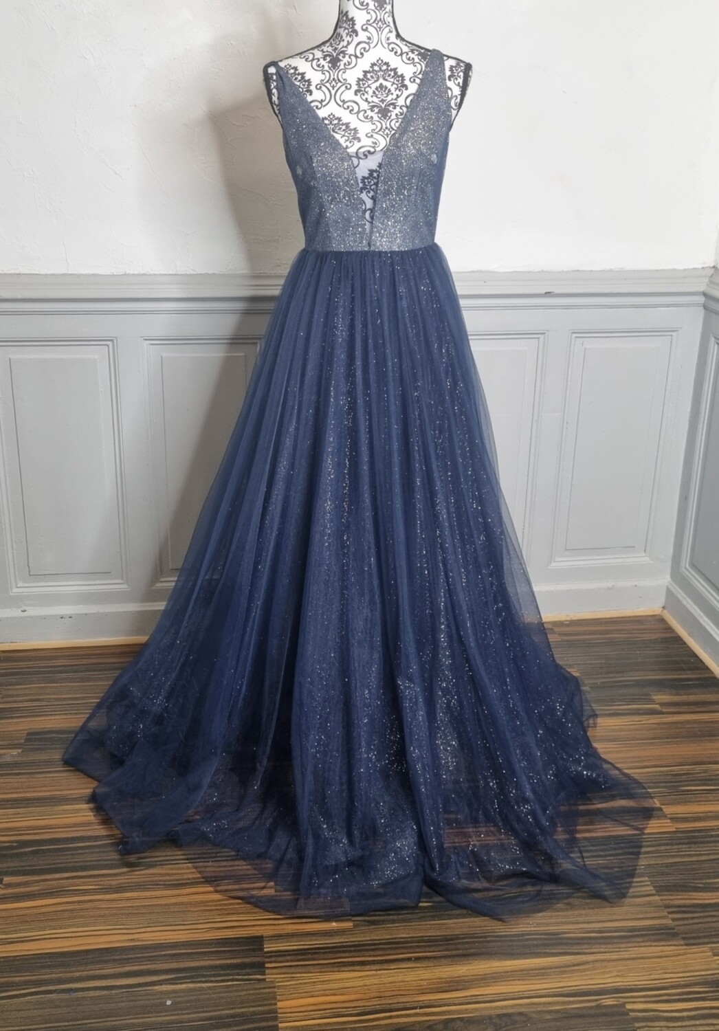 robe de soirée longue tulle pailleté bleu marine