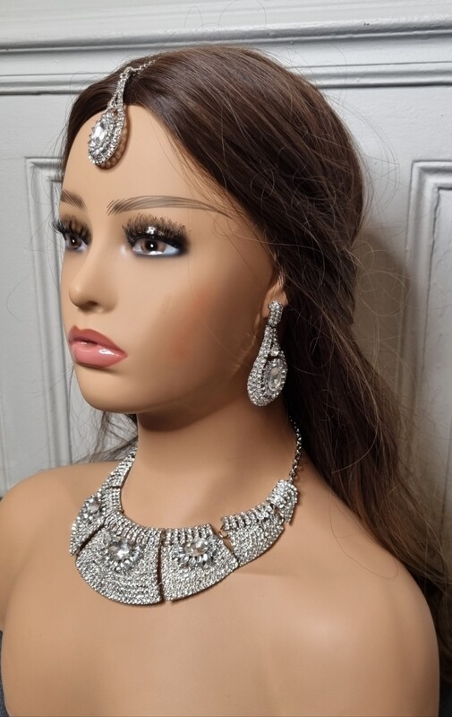 parure mariage argenté 3 pieces collier Boucles et bijou de front indien