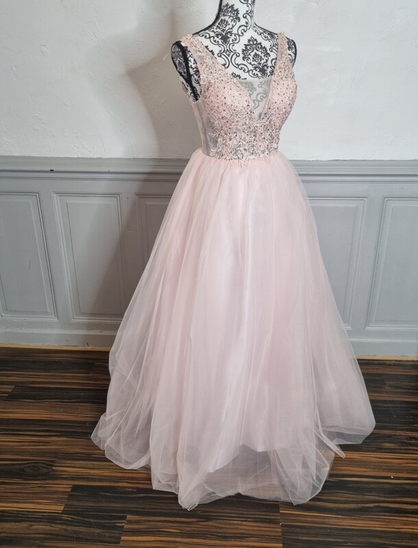 robe cérémonie longue buste dentelle et bas en tulle rose clair