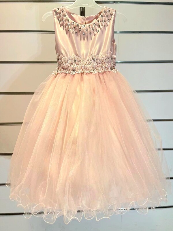 robe cérémonie fille saumon buste satiné col perlees