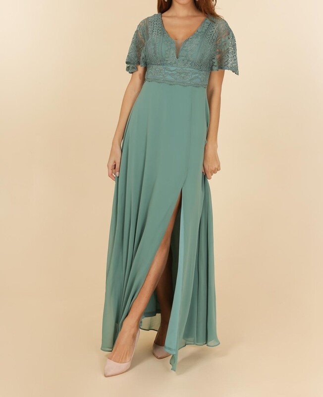 robe cérémonie bohème manche courte dentelle vert avocat