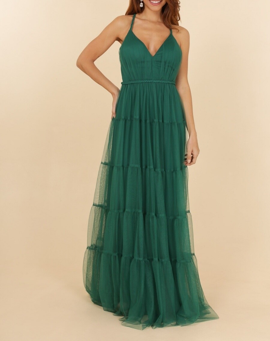 robe ceremonie volanté bretelle tressées vert emeraude
