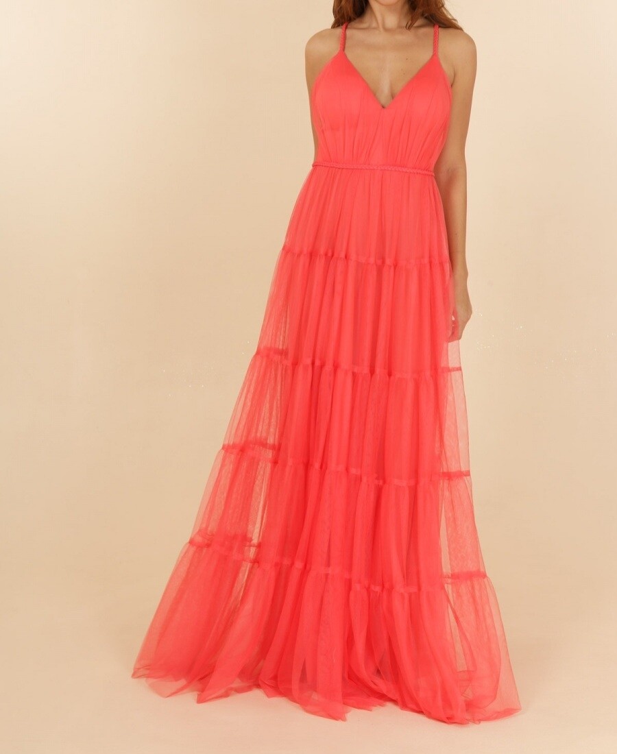 robe ceremonie volanté bretelle tressées corail