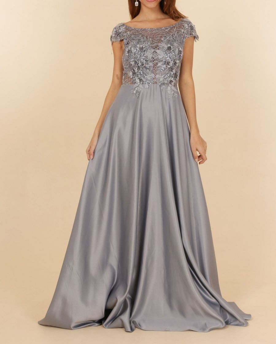 robe cérémonie dentelle et bas satiné argenté robe cérémonie dentelle et bas satiné argenté