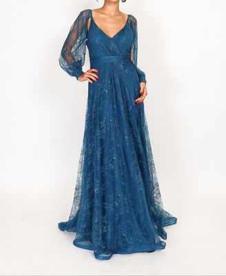 Robe cérémonie mariage bleu petrole en dentelle manche longue