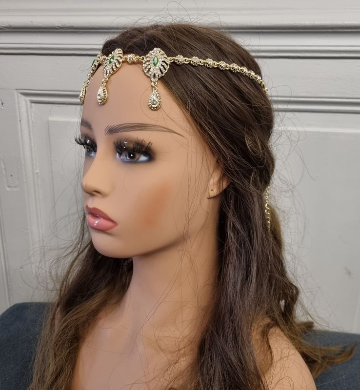 Bijou de tête traditionnel algérien "Khit El Rouh" doré et pierres vertes