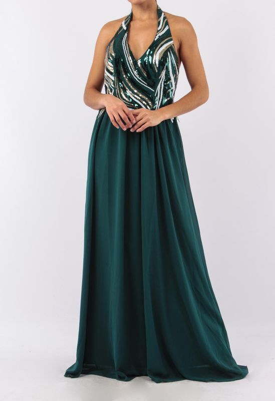 Robe soirée longue vert sapin col américain buste sequins