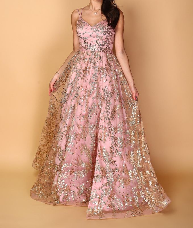 Robe ceremonie longue fendue vieux rose avec motif pailleté or