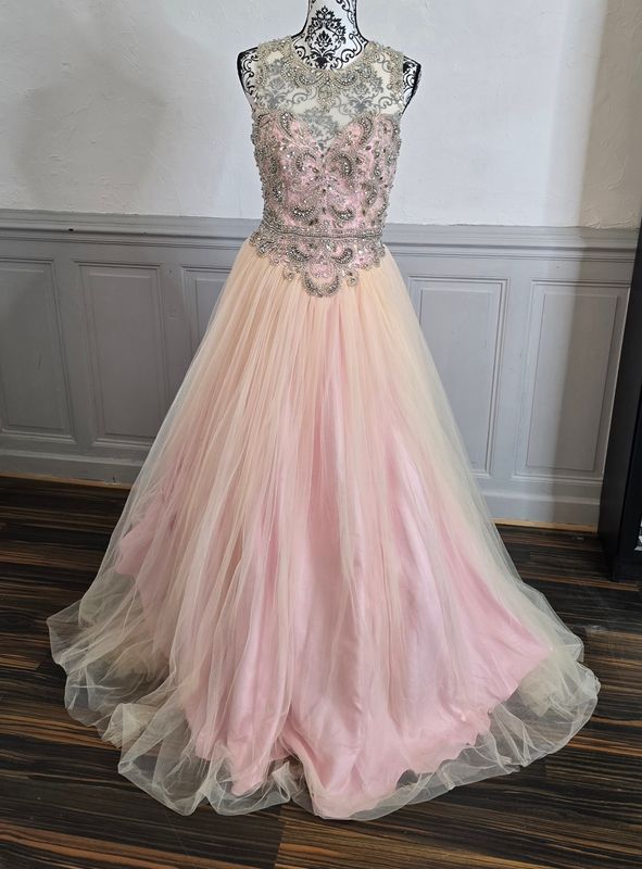 Robe de soirée rose et crème bustier strass