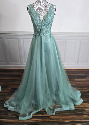 Robe de soirée vert d’eau bustier brodé Robe de soirée vert d’eau bustier brodé