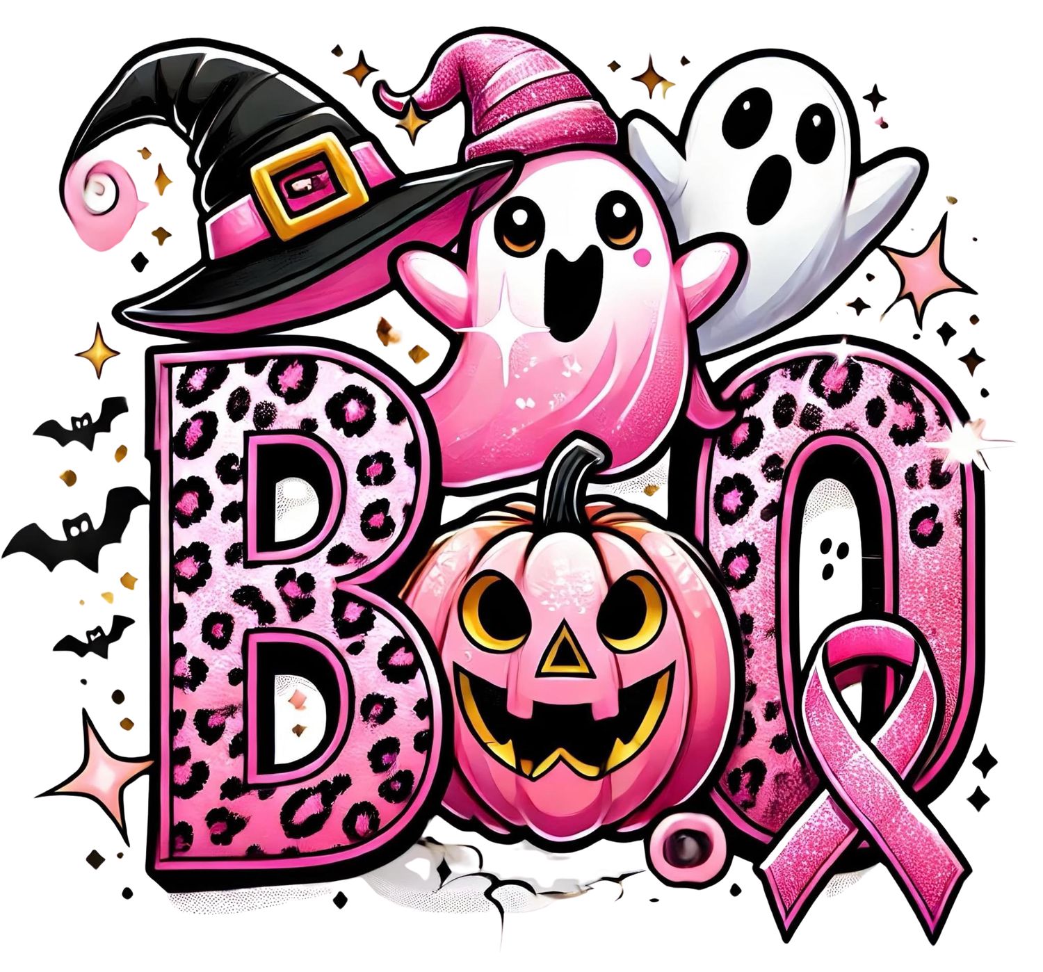 Pink Leopard BOO Halloween Ghost PNG | Breast Cancer Awareness October Sublimation &amp; DTF Clipart
