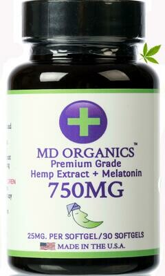 750mg MD Organics Pure Organic Hemp Oil Softgels Melatonin Sleep Insomnia Nanoemulsion Lab Tested