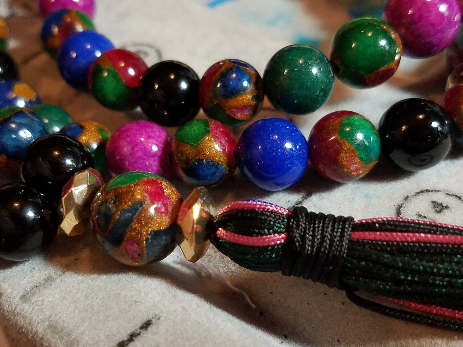 PMF02 Prayer Mala - Pink Riverstone, Onyx, Blue & Green Dolomite with mixed Lapis Ruby, & Emerald Chipped Beads