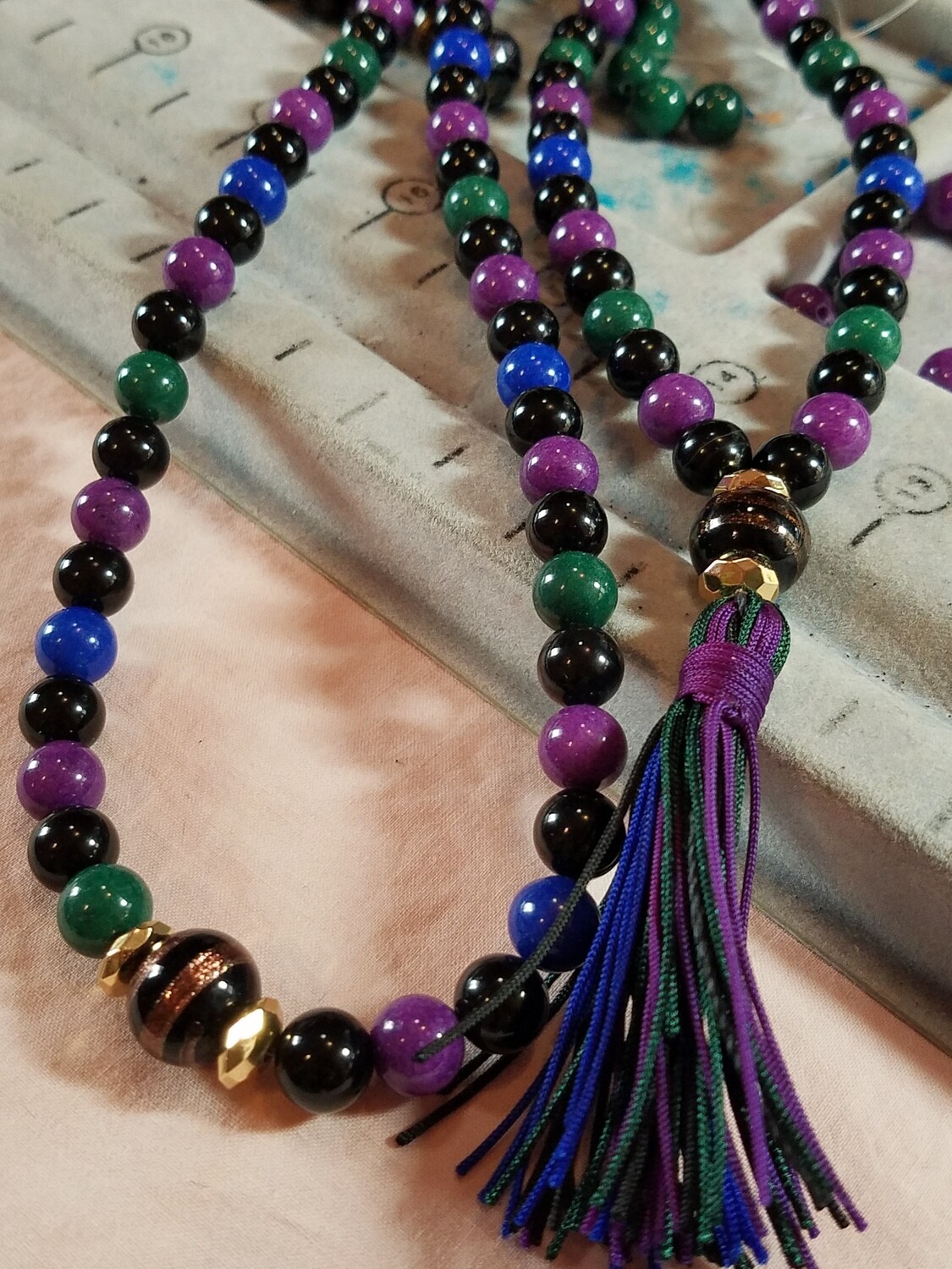 PMF03 Prayer Mala - Blue, Green, Purple Dolomite and Onyx with Lampwork Bead