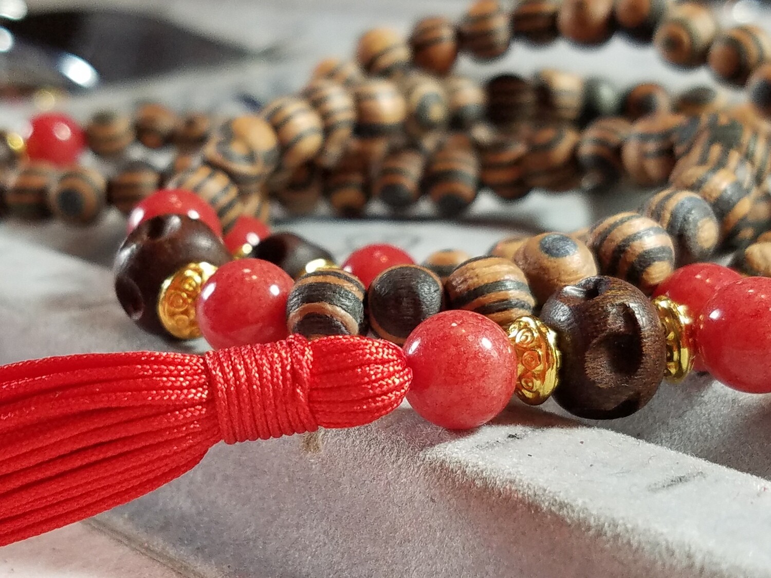 PMF09 Prayer Mala - Striped Amber Wood and Red Dolomite with Wood