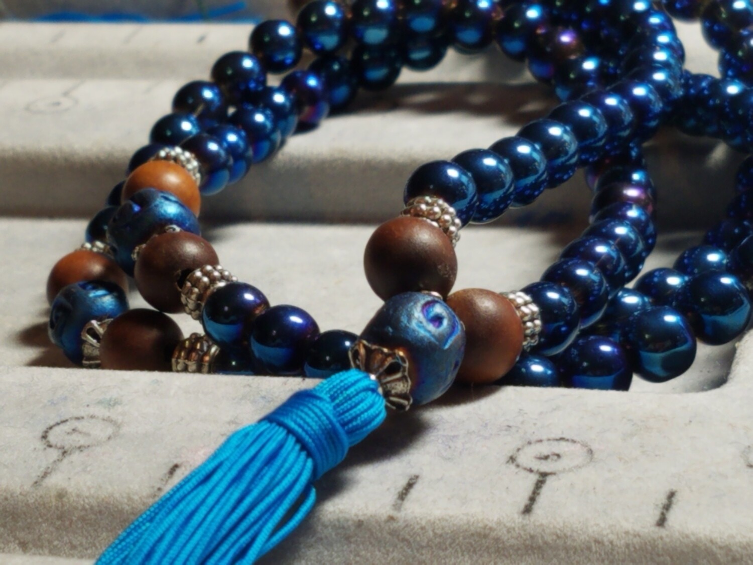 PMF07 Prayer Mala - Electric Blue Glass with Blue Clay & Wood
